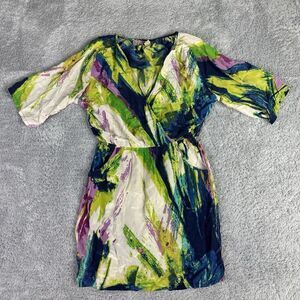 Jack & Ginger Silk Watercolor Dress S V Neck Crossover Mini Short Purple Blue